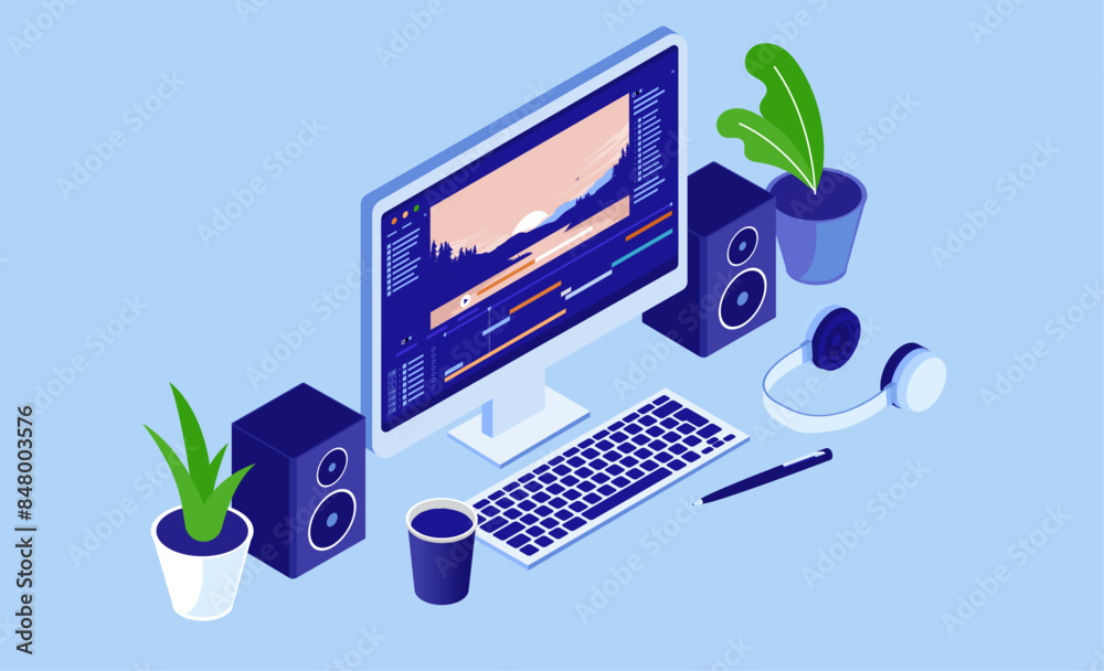 Leinwandbilder Video edit and production - Desktop PC computers with movie software on screen. Home edit and semi professional content creating concept in flat design isometric perspective illustration