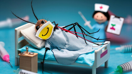 cartoon of a mosquito who has a fever and is being treated in hospital