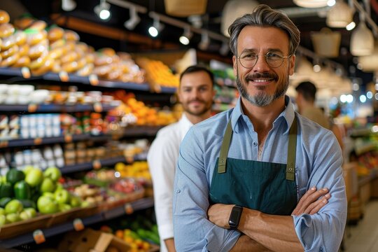 A smiling male grocer standing confident with arms crossed in a produce section