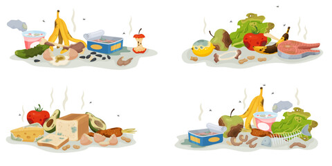 Rotten food compositions. Organic waste with unpleasant smells. Expired meal. Spoiled vegetables and fruits heap. Biodegradable recycle garbage. Perishable products. Recent vector set