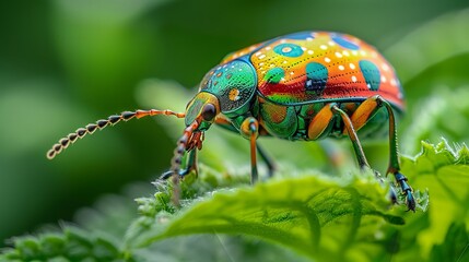 Fototapeta premium Colorful beetle on green leaf closeup