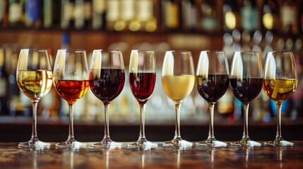 Variety of different wines in glasses on a bar counter