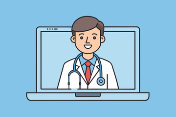 online healthcare and medical consultation and support services concept, doctor teleconferencing with stethoscope on laptop computer screen, conference video call, new normal, vector flat illustration