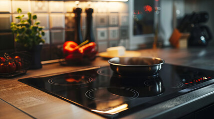 Obraz premium Modern kitchen with new electric stove and induction cooktop