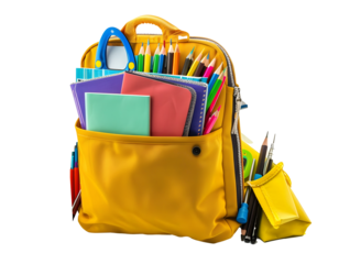 yellow school backpack with supplies isolated png transparent background