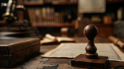 Close-up of notary public wooden stamp in vintage office setting