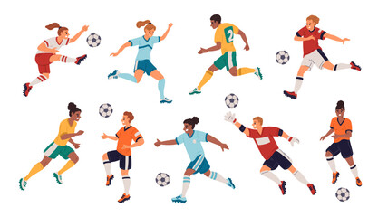 Cartoon football players. Athletes characters in uniform play soccer. People with ball in different poses. Sport game competition. Goalkeeper jumps. Footballers run. Garish vector set