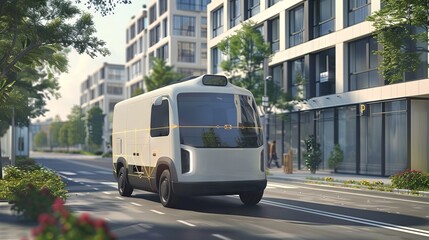 An autonomous van delivers parcels to specific city locations using a smartphone app to display order information and track the vehicle's GPS location, showcasing the future of delivery 