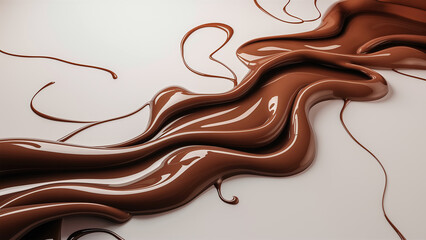 A delectable 3D illustration of smooth, melted chocolate streams flowing gracefully against a pristine white background