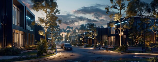 Architectural rendering of modern townhouses  at dusk, featuring sleek black accents with white lines, smart home technology, and solar panels.