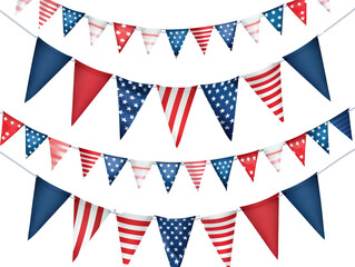 Obraz premium A row of American flags are hanging from a line