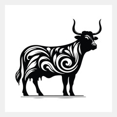 A black and white image of a bull