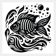 A black and white drawing of a fish