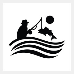 A man fishing, a black and white logo
