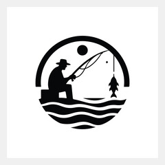 A man fishing, a black and white logo