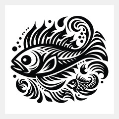 A black and white drawing of a fish
