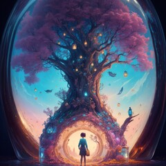 a painting of a tree with a girl standing in front of it and a tree with a girl in the background