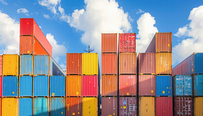 A row of bright shipping containers are stacked in a warehouse, creating a colorful display