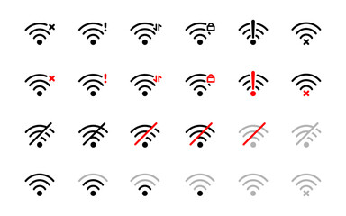 Wi-Fi connection status icon set. Lost signal symbol. Wi-fi error vector illustration. Network indicator icon collection. Wireless router connection status set.