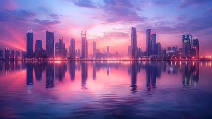 Obraz premium City skyline reflecting in water at sunset