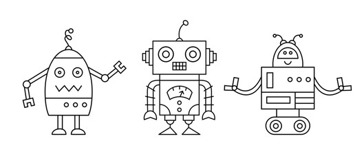 Fototapeta premium Cute Funny Robot Character Outline Doodle Icon Set