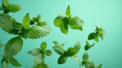 Background of flying emerald mint leaves close up on a pale green background.
