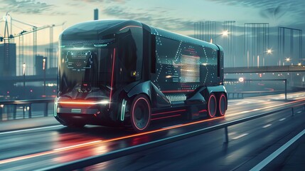 An unmanned smart truck, controlled by AI, features holographic car-style HUD UI GUI, and includes hardware diagnostics for auto analysis --