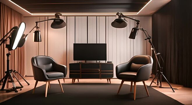 Black podcast room with chairs and studio lights in the background