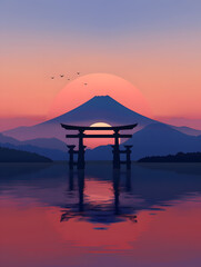 Fujiyoshida, Japan Beautiful view of mountain Fuji and Chureito pagoda at sunset