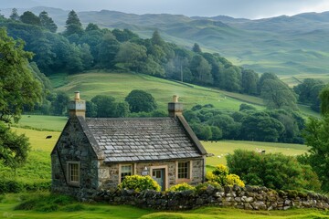 Fototapeta premium Serene Stone Cottage in Scotland Highlands - Rustic Charm of Rural Life Amid Rolling Hills and Green Fields