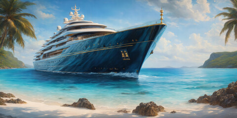 Fototapeta premium Luxurious super yacht. Oil painting styled illustration