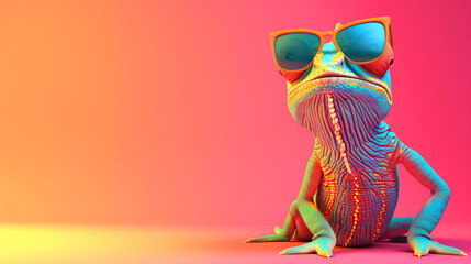 A colorful chameleon wearing sunglasses and a smile. a fun and playful mood, with the chameleon looking like it's enjoying the sun. 3d colorful chameleon wearing sunglasses on colorful background
