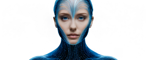Abstract portrait formed by swirling blue technology waves