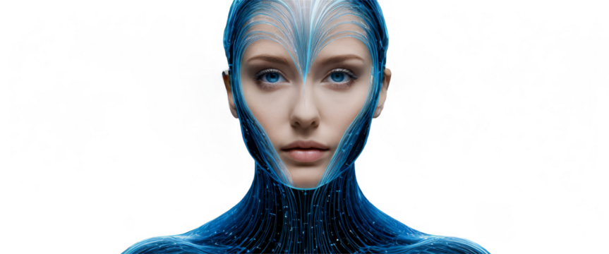 Abstract portrait formed by swirling blue technology waves