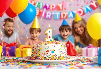 Celebration of the first birthday with balloons and confetti