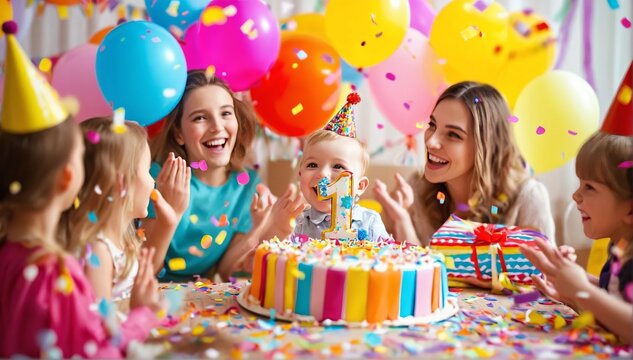 Celebration of the first birthday with balloons and confetti