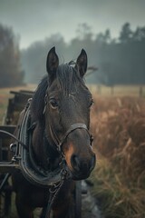 Fototapeta premium Capturing the Essence of Tradition: Horse-Drawn Cart in Rural Setting Contrasting with Modern Transportation - Realistic Editorial Photography