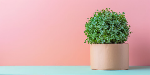 Plant growing in a cardboard box on simple colored background with copy space