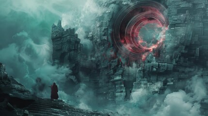 Enigmatic Figure Contemplating a Mysterious Portal in a Ruined Cityscape