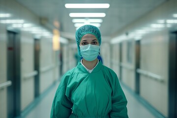 Healthcare professional in surgical attire in hospital corridor, healthcare worker concept
