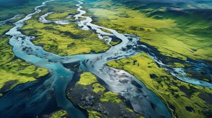 Fototapeta premium Aerial View of Serpentine Rivers Through Colorful Highlands