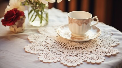 Fototapeta premium Elegant White Lace Tablecloth with Porcelain Cup in Cozy Setting