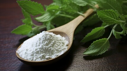 Fresh Mint Leaves and White Powder on Wooden Spoon