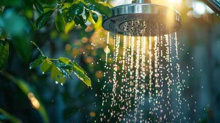 Outdoor shower with water droplets in a garden with green leaves.