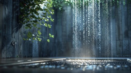 Obraz premium Indoor waterfall with greenery and sunlight. Digital artwork for design and print.