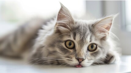 Cute Long Hair Gray Kitten Licking Lips and Lying on White Table