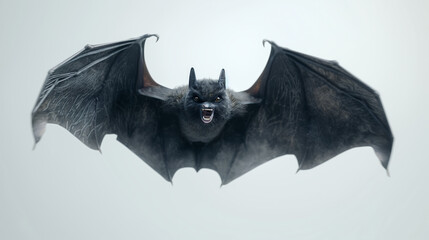 lose-Up Image of a Flying Bat with Outstretched Wings on white background