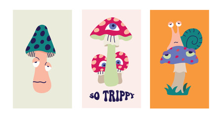 Set of retro groovy hippie psychedelic mushrooms in 60s 70s style vector cards illustrations