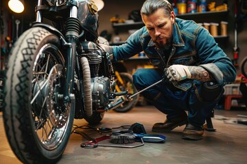 A skilled mechanic in a workshop carefully tweaks a motorcycle's engine components, surrounded by tools and parts
