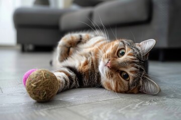 A domestic short-haired tabby cat lies on its back playing gently with a ball of yarn on a wooden floor